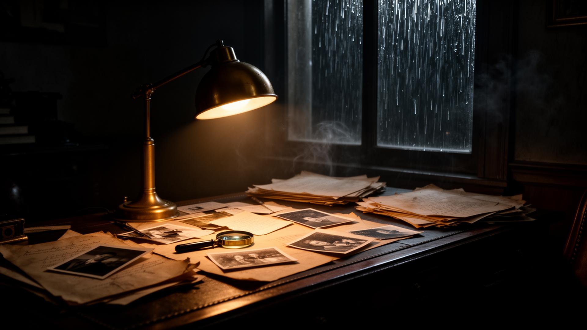 A detective's desk lit by a single brass lamp, rain on the window